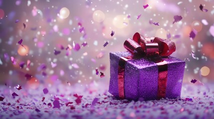 Festive gift with confetti on lavender background. AI generated illustration.