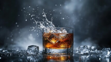 Whiskey and ice cubes splashing in a glass, set against a dark backdrop for a sharp, bold visual of this classic drink