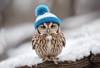 cute owl in blue winter hat on snow background with copy space, winter, christmas and new year concept