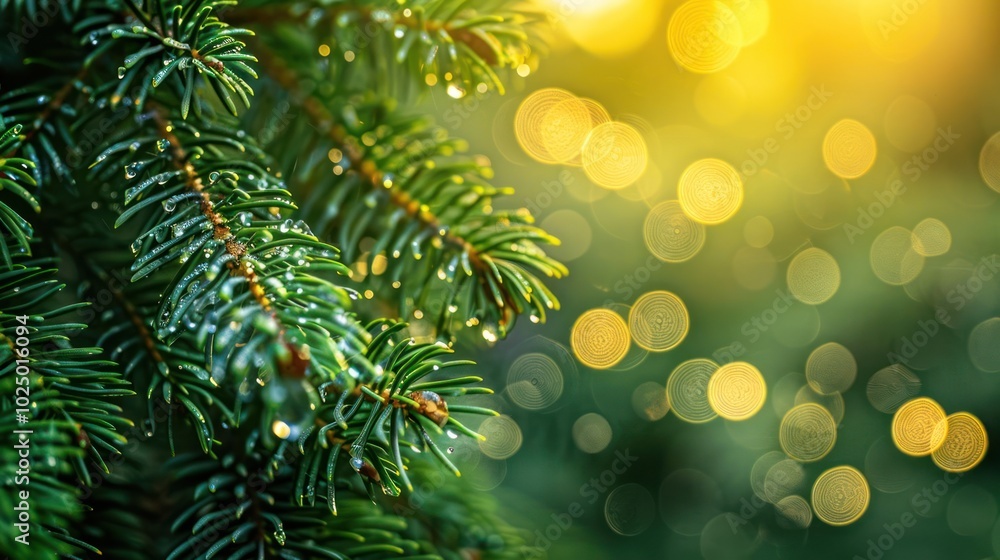 Poster Close-up of pine tree branches with dew drops and blurred bokeh sunlight background.