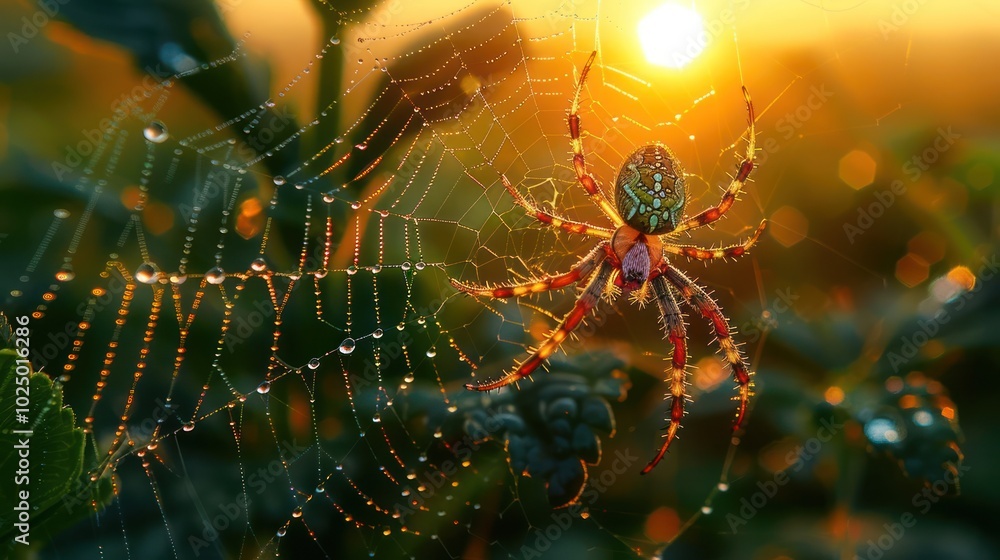 Poster a spider sits in the center of its web with dew drops and the sunset in the background.