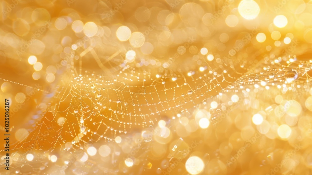 Poster dew drops on a spider web with a bokeh background of golden light.