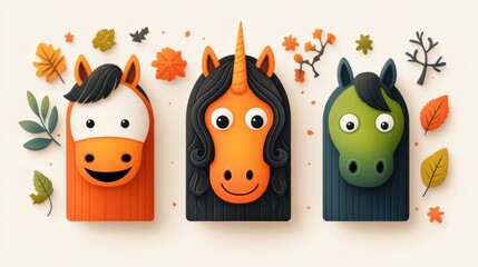 Three cartoon horse heads, one orange unicorn, with autumn leaves and Halloween elements, showcasing a playful design