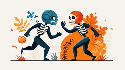 Obraz premium Two playful skeletons in Halloween costumes running joyfully amidst autumn leaves and pumpkins