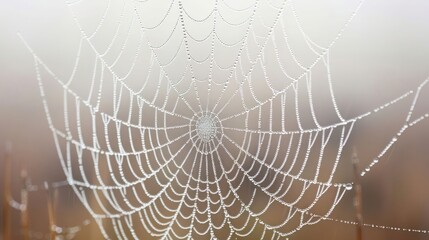 A spiderweb covered in dew drops against a blurry background of fog.
