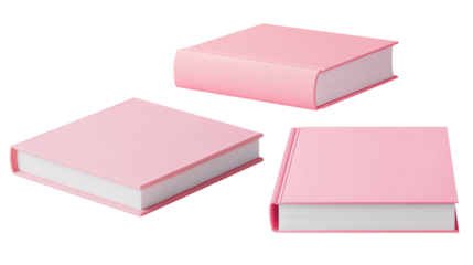 Three pink hardcover books stacked creatively on a white background, perfect for educational or aesthetic purposes.