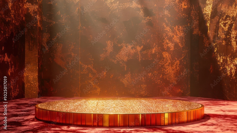 Poster a golden platform with a spotlight on it sits on a red velvet floor in front of a rusty textured wal