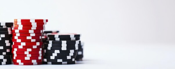Minimalist scene of poker chips in red and black stacked neatly on a clean white surface, elegant and simple casino aesthetic