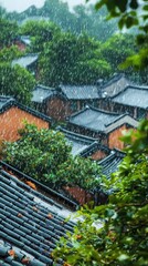 Tranquil Village Scene During Summer Rain