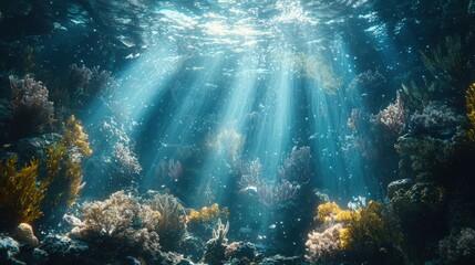 Naklejka premium Sunlight filtering through vibrant coral reef underwater