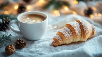 Croissant and coffee on winter background. AI generated illustration.