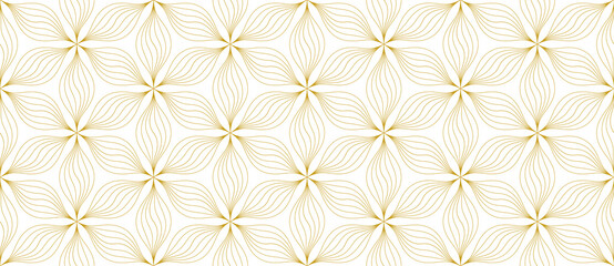 Gold vector geometric seamless pattern with floral silhouette, curved lines. Repetitive texture.