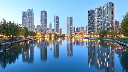 Fototapeta premium Breathtaking view of a modern city skyline at dusk featuring towering skyscrapers and glimmering lights against a dramatic sky