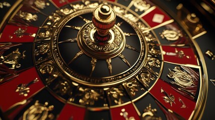 Naklejka premium Opulent roulette wheel with intricate gold detailing, framed by deep reds and blacks, capturing the lavish atmosphere of a high-end casino