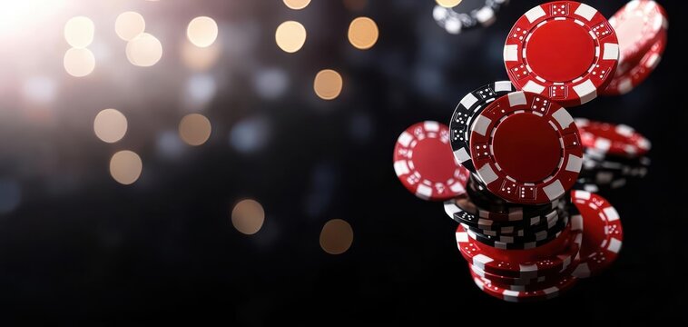 Red poker chips falling on a green felt table, with a blurred background of bokeh lights.