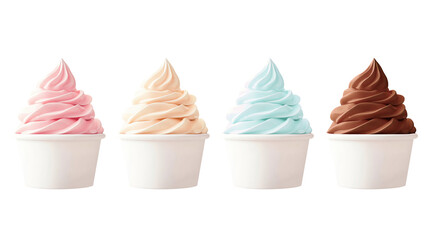 Colorful soft serve ice cream in cups, featuring pink, vanilla, mint, and chocolate flavors, isolated on white.
