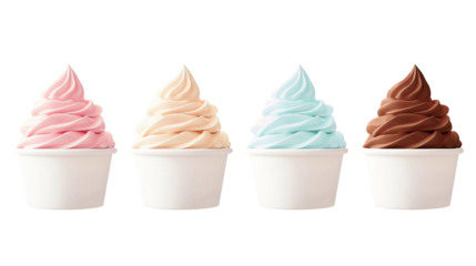 Colorful soft serve ice cream in cups, featuring pink, vanilla, mint, and chocolate flavors, isolated on white.