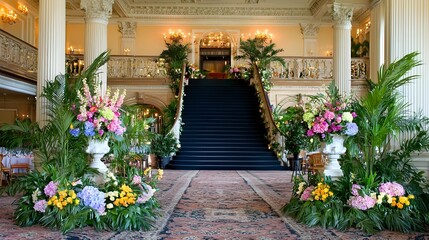 Luxurious marble lobby of an exclusive high end hotel with grandiose chandeliers ornate furnishings and a modern sophisticated interior design  The elegant