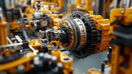 Obraz premium Close-up of Complex Industrial Machinery with Yellow and Silver Components