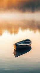 Fototapeta premium Serene Wooden Boat Gently Floating on Calm Water