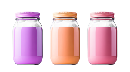 Three colorful jars with vibrant painted lids, isolated on a white background.