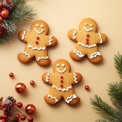 Gingerbread cookies on beige background. AI generated illustration.