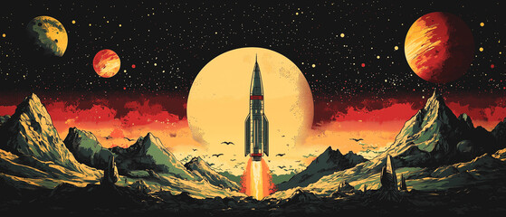 A retro-futuristic illustration of a 1950s-inspired space travel scene, featuring vintage spaceships and colorful planets.