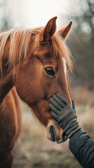 Obraz premium Serene Moment of Gloved Hand Petting a Horse