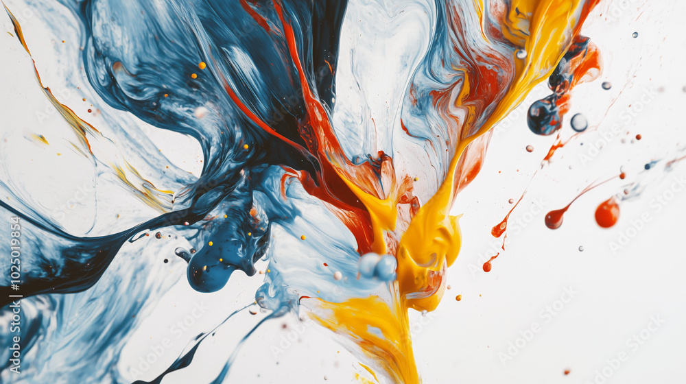 Poster dynamic splash of vivid paint swirling together as two chemicals react, creating a mesmerizing visua