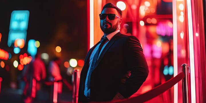 well dressed bouncer standing outside nightclub, velvet rope
