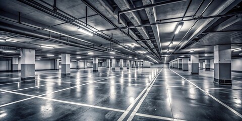 Underground parking lot with a long shot perspective in black and white