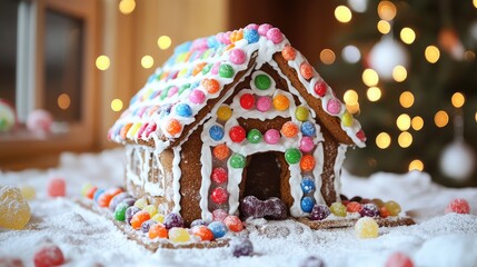 Gingerbread house with colorful candies. AI generated illustration.