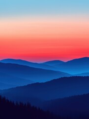 A breathtaking view of layered mountain ranges at sunrise, with a gradient sky transitioning from deep red to pale blue.