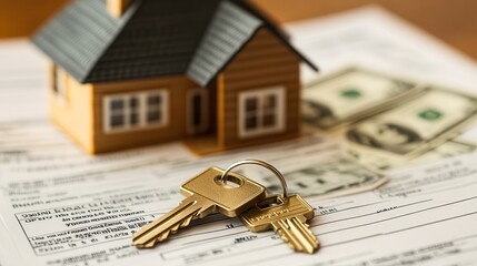 Real estate concept with house model, money, and keys on mortgage loan documents, symbolizing home ownership and financial investment.