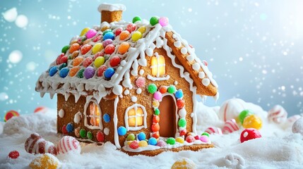 Naklejka premium Gingerbread house with colorful candies. AI generated illustration.