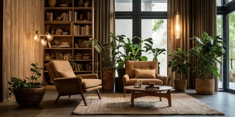 living room with biophilic design elements. There are potted plants, wooden furniture and stone elements throughout the space.