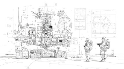 A detailed black line drawing showcasing the intricate layout and design of a war room filled with communication devices maps and commanders strategizing their next military or battle plan