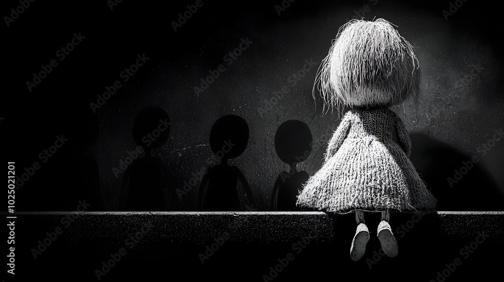 Aufkleber A Haunted Doll Sitting on a Shelf Surrounded by Ominous Shadows that Form the Shapes of Ghostly Spectral Faces Emerging from the Darkness   A Surreal and Chilling Supernatural Scene