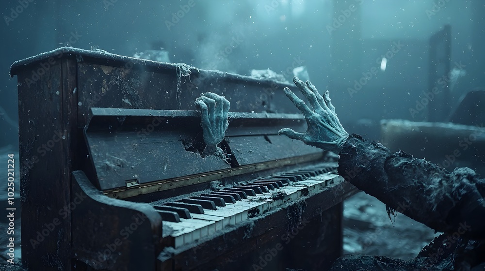 Poster a haunted piano sits alone in a dark gloomy environment with ghostly hands hovering just above the k