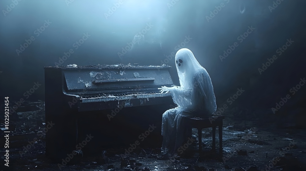 Poster a haunting and ethereal scene of a ghostly abandoned piano with spectral hands poised just above the