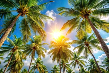 Vibrant coconut trees under sunlight against a clear blue sky