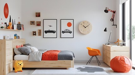 A modern and visually appealing teen bedroom with clean lines functional furniture and wall decor featuring iconic car and band posters