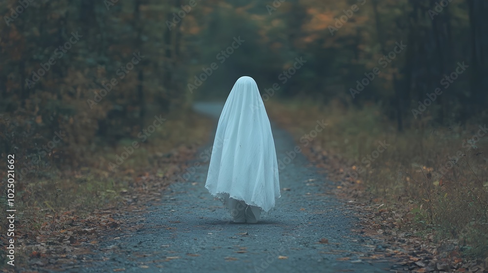 Poster a mysterious ghostly figure in a long tattered dress hovers silently above an empty forest path cast