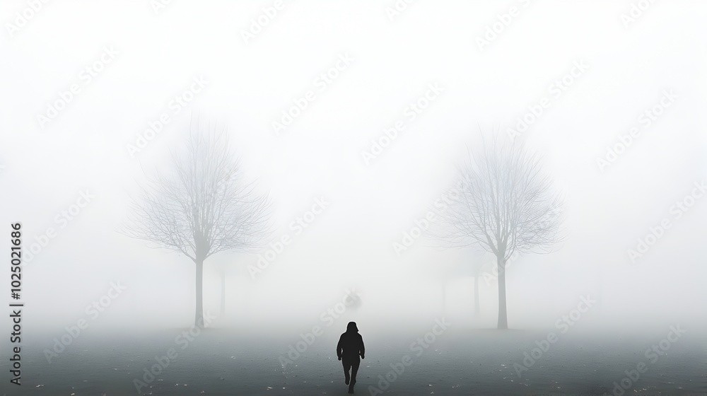 Poster a mysterious ghostly silhouette of a figure wandering through a misty atmospheric park landscape wit