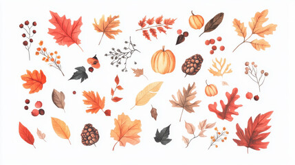 Obraz premium Beautiful collection of autumn leaves and pumpkins in warm colors. Perfect for seasonal designs, decorations, and nature-themed projects