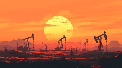 A desert landscape with several oil pump jacks silhouetted against the setting sun