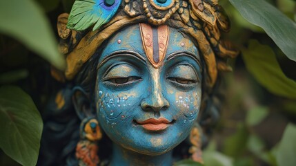 An eco-friendly statue of Lord Krishna, sculpted from recycled paper and clay, painted with natural dyes, symbolizing divine love and care for nature