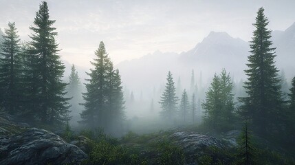Obraz premium A foggy forest with pine trees and a mountain in the distance is shrouded by mist