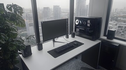 Fototapeta premium Minimalist and Organized Home Office Interior with White Desk Computer and Minimalist Shelving for a Productive and Streamlined Workspace