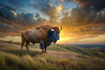 Capture a bison standing majestically on a hilltop, framed by a vast prairie and a dramatic sunset.
